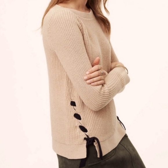 LOFT Camel Tan Boat Neck with Black Side Ties Sweater - Picture 2 of 9